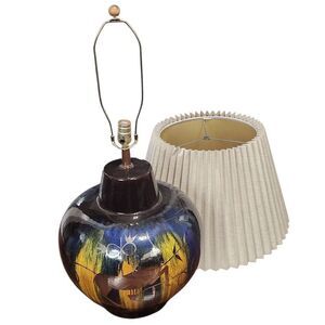 Vintage Mid Century Modern Table Lamp Gazelle Ram Drip Glaze Pottery Pleat Shade